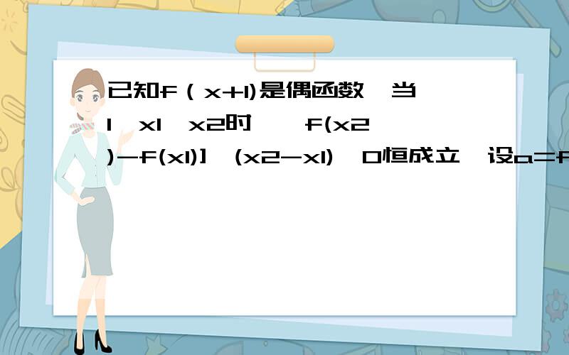 已知f（x+1)是偶函数,当1＜x1＜x2时,【f(x2)-f(x1)]*(x2-x1)＞0恒成立,设a=f(负的二分之一）,b=f(2)c=f(3),则a,b,c的大小关系为?我知道b小于c,怎么比较它们和a间的大小关系呢？