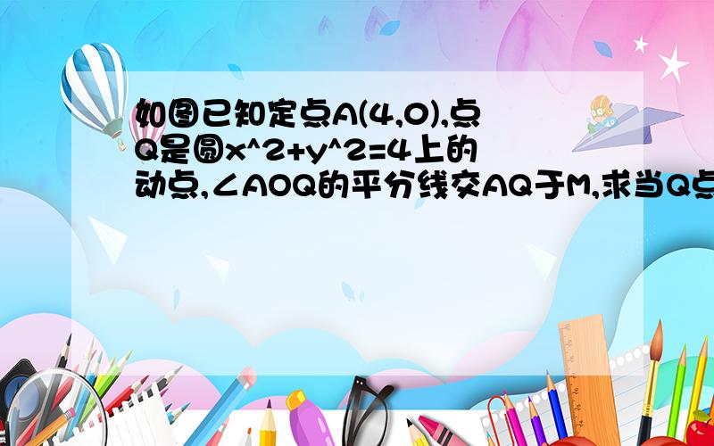 如图已知定点A(4,0),点Q是圆x^2+y^2=4上的动点,∠AOQ的平分线交AQ于M,求当Q点在圆上移动时,求动点M的轨迹方程