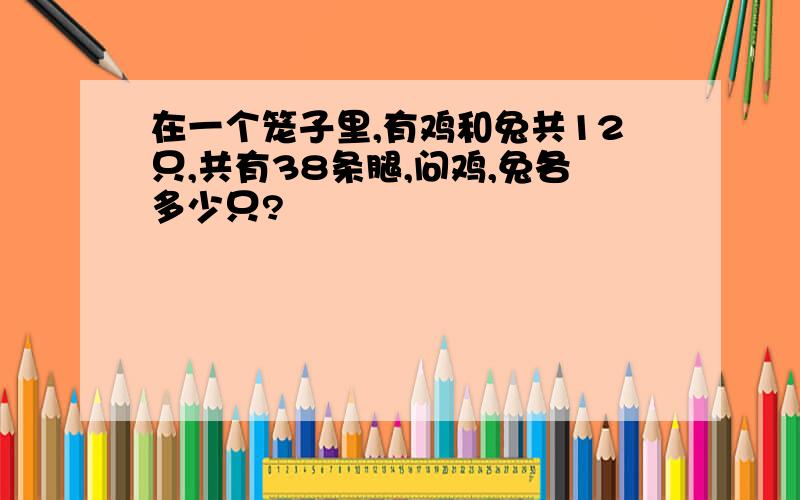 在一个笼子里,有鸡和兔共12只,共有38条腿,问鸡,兔各多少只?