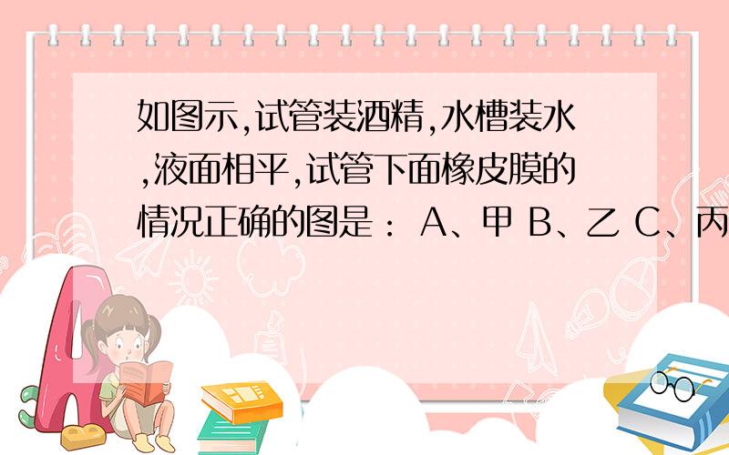 如图示,试管装酒精,水槽装水,液面相平,试管下面橡皮膜的情况正确的图是： A、甲 B、乙 C、丙 D、无法确定如图示,试管装酒精,水槽装水,液面相平,试管下面橡皮膜的情况正确的图是：A、甲