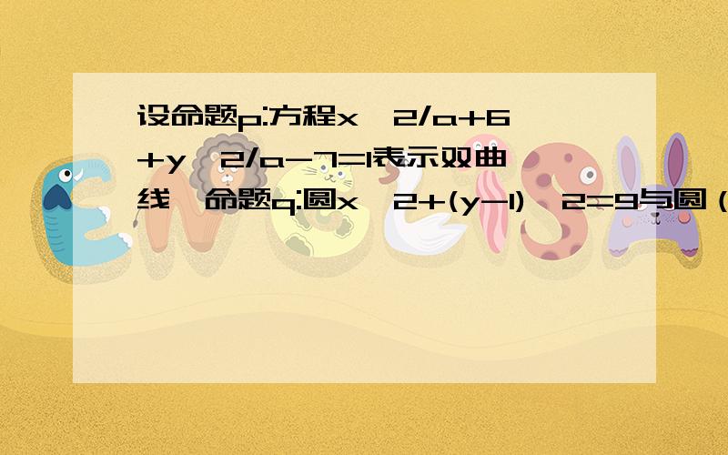 设命题p:方程x^2/a+6+y^2/a-7=1表示双曲线,命题q:圆x^2+(y-1)^2=9与圆（x-a)^2+(y+1)^2=16相交若﹁p∧q成立,求实数a的范围