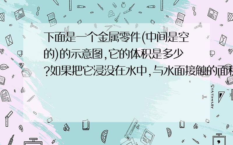 下面是一个金属零件(中间是空的)的示意图,它的体积是多少?如果把它浸没在水中,与水面接触的面积是多少?数据如下：一个圆柱体，底面是一个环形，外面直径是4cm，里面直径是2cm，高是5cm