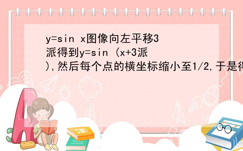 y=sin x图像向左平移3派得到y=sin (x+3派),然后每个点的横坐标缩小至1/2,于是得到了y=sin (2x+3派)的图像 为什么得到的不是y=sin2（x+3）