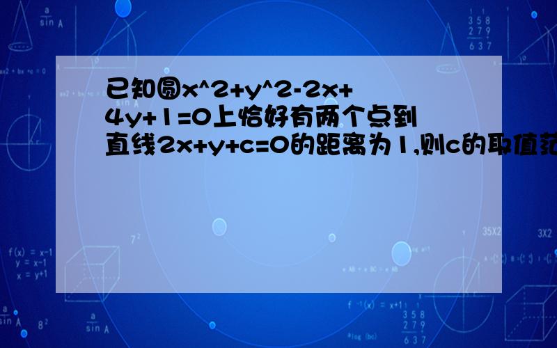 已知圆x^2+y^2-2x+4y+1=0上恰好有两个点到直线2x+y+c=0的距离为1,则c的取值范围是?