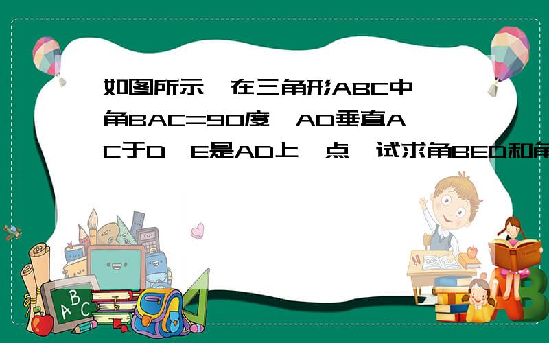 如图所示,在三角形ABC中,角BAC=90度,AD垂直AC于D,E是AD上一点,试求角BED和角C的大小关系