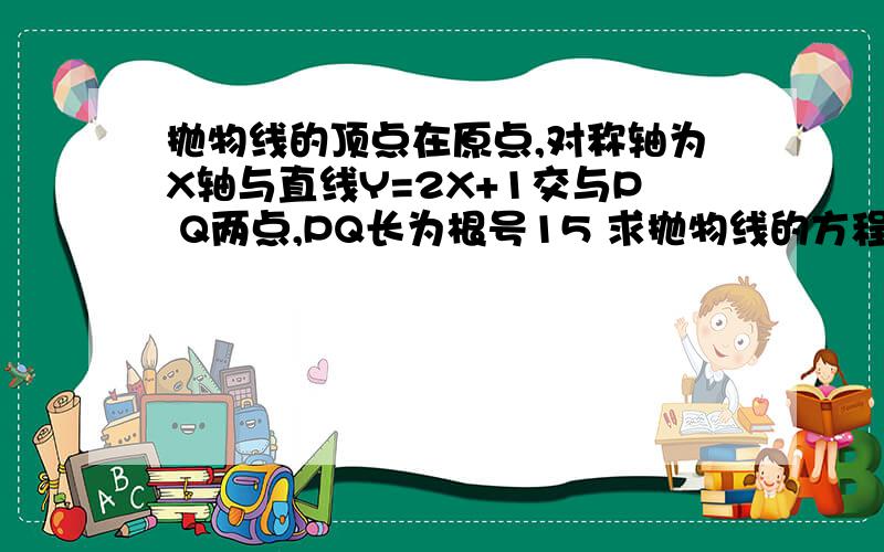 抛物线的顶点在原点,对称轴为X轴与直线Y=2X+1交与P Q两点,PQ长为根号15 求抛物线的方程