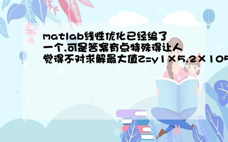 matlab线性优化已经编了一个,可是答案有点特殊得让人觉得不对求解最大值Z=y1×5.2×105+(2.5+x1+x2-y1) ×4.3×105+y2×4.7 × 105+(8.2—x1+x3-y2) ×3.9×105+[0.25×y1+0.2×(2.5+x1+x2-y1)+0.23×y2+0.185×(8.2-x1+x2-y2)-2]×106-