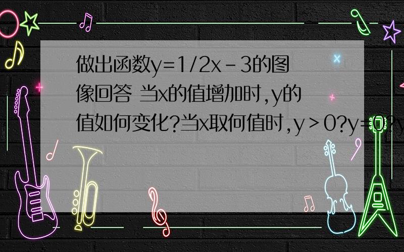 做出函数y=1/2x-3的图像回答 当x的值增加时,y的值如何变化?当x取何值时,y＞0?y=0?y＜0