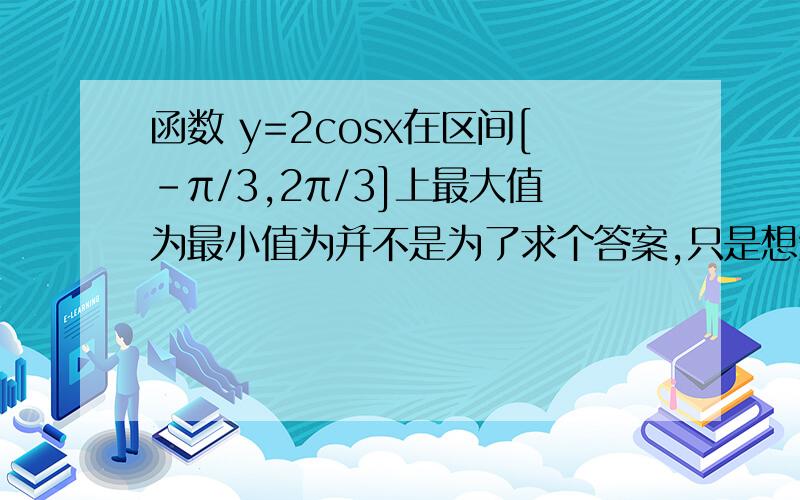 函数 y=2cosx在区间[-π/3,2π/3]上最大值为最小值为并不是为了求个答案,只是想知道为什么等于0和等于2π/3时有最大小值呢?不是当x=2kπ是y最大为1,x=(2k+1)是y最小为-1吗?求详解,