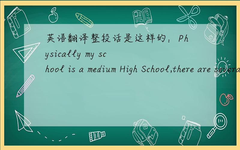 英语翻译整段话是这样的：Physically my school is a medium High School,there are several classrooms,a gym,a coffeshop,a bibliotec,a soccer syntetic field,and the administration offices.The scholar level of the school is good,there are excel