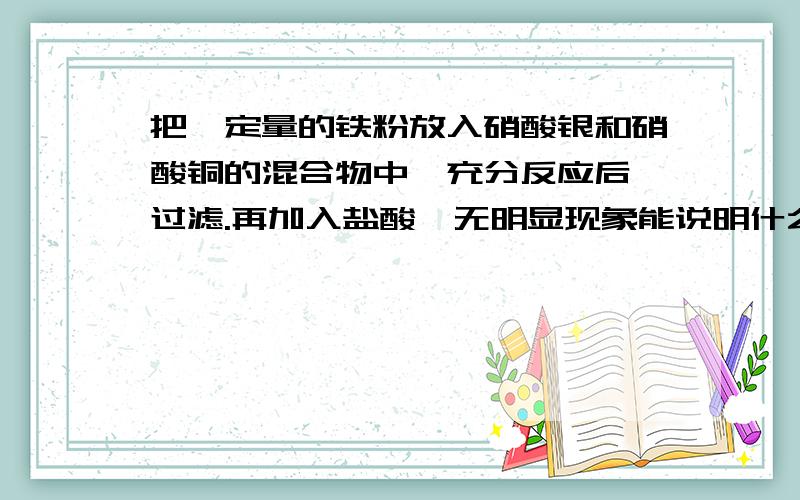 把一定量的铁粉放入硝酸银和硝酸铜的混合物中,充分反应后,过滤.再加入盐酸,无明显现象能说明什么?