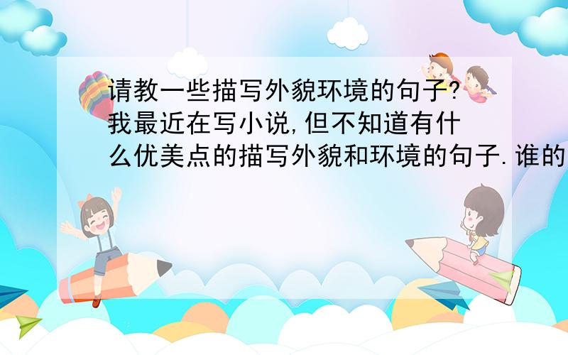 请教一些描写外貌环境的句子?我最近在写小说,但不知道有什么优美点的描写外貌和环境的句子.谁的文笔好的话,能把我多提供一些描写吗?越多越好,要优美点的.注：是写小说描写帅哥美女的