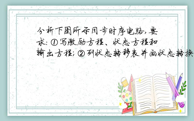 分析下图所示同步时序电路,要求：①写激励方程、状态方程和输出方程；②列状态转移表并画状态转换图③说明电路功能及自启动能力