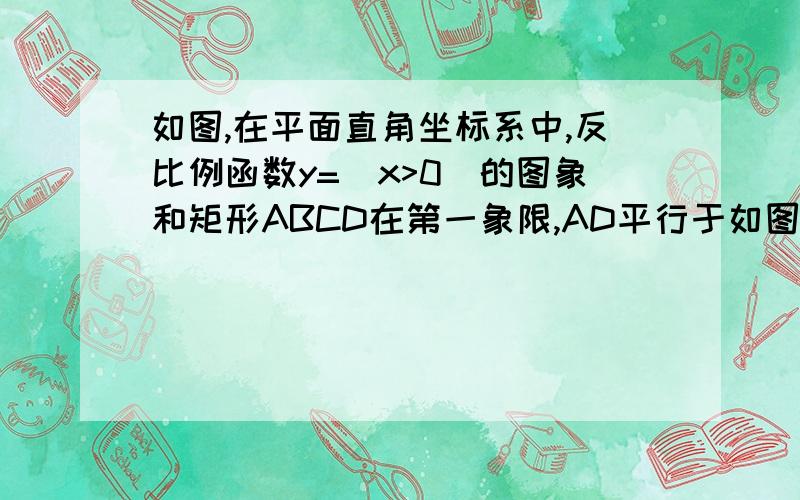 如图,在平面直角坐标系中,反比例函数y=(x>0)的图象和矩形ABCD在第一象限,AD平行于如图,在平面直角坐标系中,反比例函数y=k x （x＞0）的图象和矩形ABCD在第一象限,AD平行于x轴,且AB=2,AD=4,点A的坐