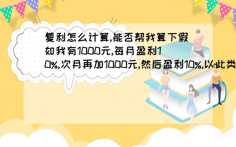 复利怎么计算,能否帮我算下假如我有1000元,每月盈利10%,次月再加1000元,然后盈利10%,以此类推,5年后有多少钱?