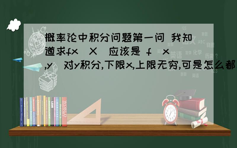 概率论中积分问题第一问 我知道求fx（X）应该是 f(x,y)对y积分,下限x,上限无穷,可是怎么都求不出答案的e的-x次方 求积分的过程