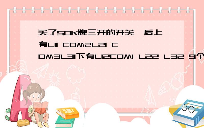 买了SOK牌三开的开关,后上有L11 COM2L21 COM3L31下有L12COM1 L22 L32 9个连接孔,控两个灯,怎么连