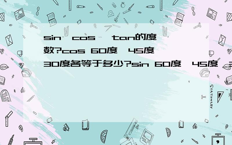 sin、cos 、tan的度数?cos 60度、45度、30度各等于多少?sin 60度、45度、30度各等于多少?tan 60度、45度、30度各等于多少?