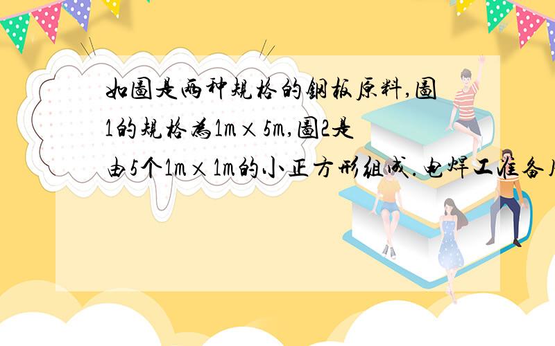 如图是两种规格的钢板原料,图1的规格为1m×5m,图2是由5个1m×1m的小正方形组成.电焊工准备用其中的一种钢板原材料裁剪后焊接成一个无重叠缝隙的正方形形状的工件（不计加工中的损耗）.【