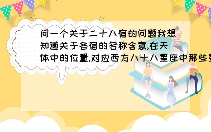 问一个关于二十八宿的问题我想知道关于各宿的名称含意,在天体中的位置,对应西方八十八星座中那些星座的哪几颗星星.最好上传图谱说明.此外,能否提供一些关于如紫薇,南斗,武曲等星系的