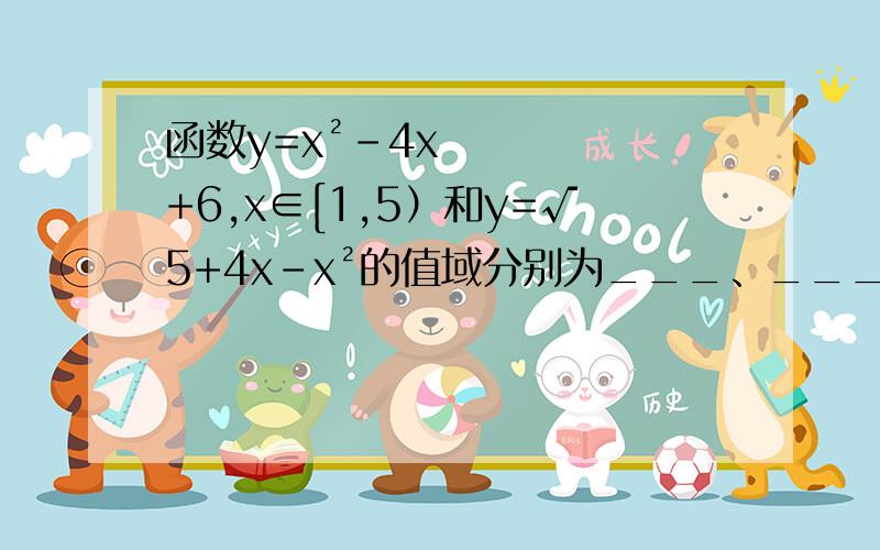 函数y=x²-4x+6,x∈[1,5）和y=√5+4x-x²的值域分别为___、___ 详细过程!主要是第二个的值域!!!