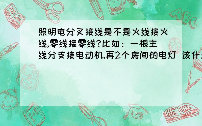 照明电分叉接线是不是火线接火线,零线接零线?比如：一根主线分支接电动机,再2个房间的电灯 该什么接?