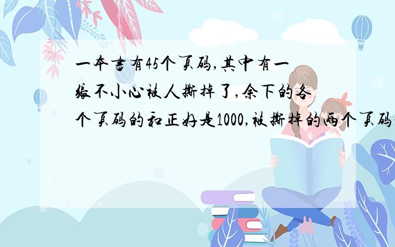 一本书有45个页码,其中有一张不小心被人撕掉了,余下的各个页码的和正好是1000,被撕掉的两个页码分别是?