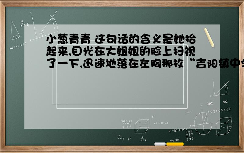 小葱青青 这句话的含义是她抬起来,目光在大姐姐的脸上扫视了一下,迅速地落在左胸那枚“吉阳镇中学”的校徽上,声音有些激动,也带有几多憧憬,“俺娘说,等过两年,弟弟初中毕业了,就让俺