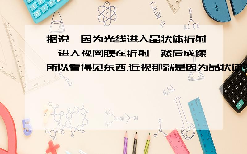 据说,因为光线进入晶状体折射,进入视网膜在折射,然后成像所以看得见东西.近视那就是因为晶状体变大,晶状体变大是因为眼睛太过疲劳导致焦距变长,那么,晶状体的焦距为什么会因为太过疲