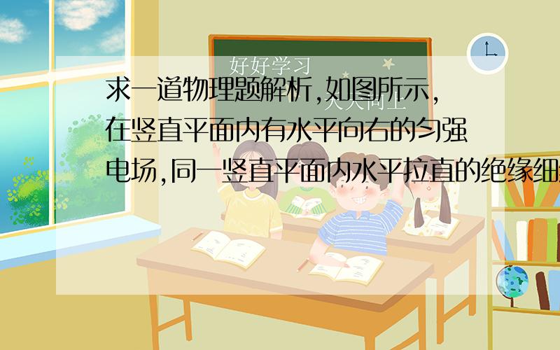 求一道物理题解析,如图所示,在竖直平面内有水平向右的匀强电场,同一竖直平面内水平拉直的绝缘细线一端系一带正电的小球,另一端固定于0点,已知带电小球受到的电场力大于重力,小球由静