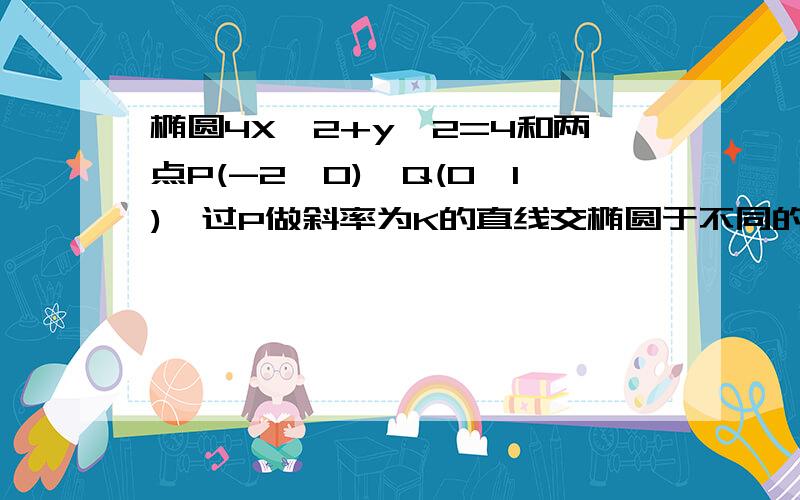 椭圆4X^2+y^2=4和两点P(-2,0),Q(0,1),过P做斜率为K的直线交椭圆于不同的两点A,B,设线段AB中点M,连结QM,求K为何值时,直线QM通过椭圆的顶点