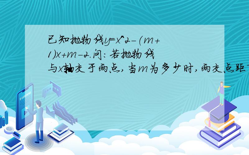 已知抛物线y=x^2-(m+1)x+m-2.问：若抛物线与x轴交于两点,当m为多少时,两交点距离最小,最小是多少?(请写出过程）