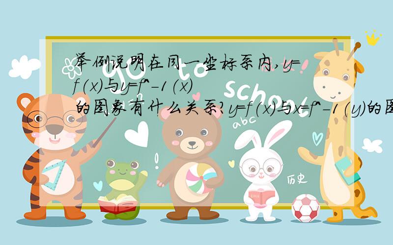 举例说明在同一坐标系内,y=f(x)与y=f^-1(x)的图象有什么关系?y=f(x)与x=f^-1(y)的图象有什么关系?