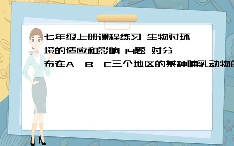 七年级上册课程练习 生物对环境的适应和影响 14题 对分布在A、B、C三个地区的某种哺乳动物的测量结果体长 耳长 体毛A 695 65 浓密B 540 86 正常C 483 103 稀疏 如果数据取于云南的西双版纳 黑龙