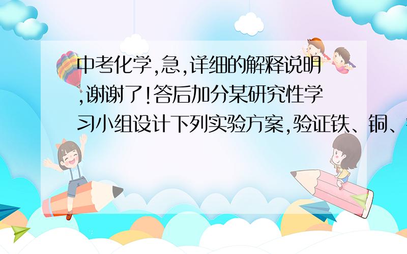 中考化学,急,详细的解释说明,谢谢了!答后加分某研究性学习小组设计下列实验方案,验证铁、铜、银三种金属的活动性顺序,每种方案所需试剂如下(反应所得产物可用作试剂进一步反应),其中