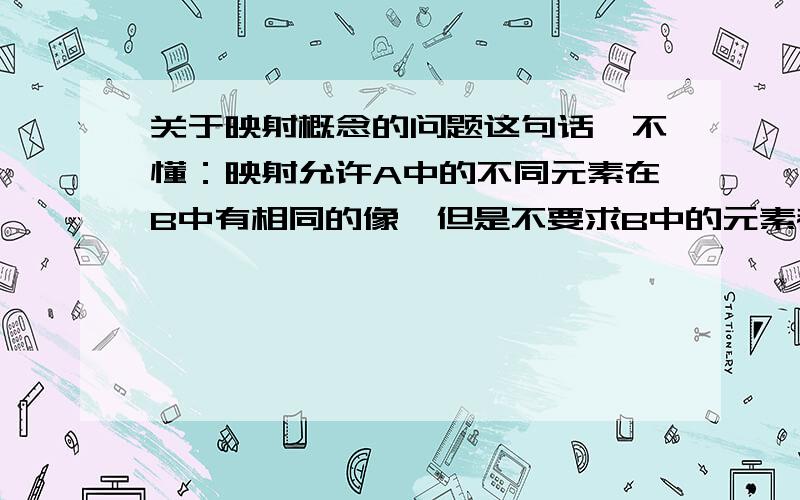 关于映射概念的问题这句话,不懂：映射允许A中的不同元素在B中有相同的像,但是不要求B中的元素都有原像,即A中元素在B中像的集合是B的子集.原像的概念不是说如果给定一个从集合A到集合B