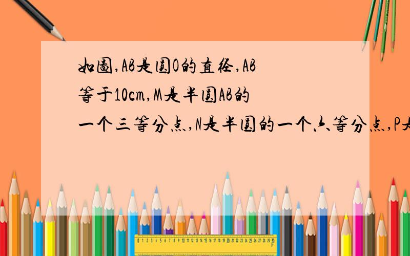 如图,AB是圆O的直径,AB等于10cm,M是半圆AB的一个三等分点,N是半圆的一个六等分点,P是直径AB上一动点,连接MP,NP,则MP加NP的最小值是（）cm.