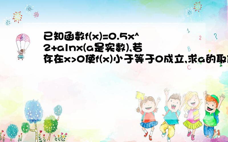 已知函数f(x)=0.5x^2+alnx(a是实数),若存在x>0使f(x)小于等于0成立,求a的取值范围.