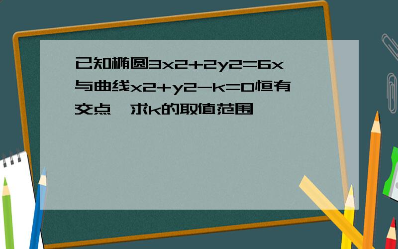 已知椭圆3x2+2y2=6x与曲线x2+y2-k=0恒有交点,求k的取值范围