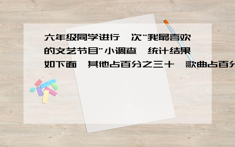 六年级同学进行一次“我最喜欢的文艺节目”小调查,统计结果如下面↓其他占百分之三十,歌曲占百分之二十五,相声占百分之十,杂技占百分之十五,小品占百分之二十如果喜欢歌曲的同学正