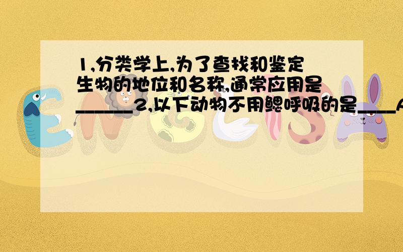 1,分类学上,为了查找和鉴定生物的地位和名称,通常应用是______2,以下动物不用鳃呼吸的是____A.鲫鱼,B,河蚌,C,对虾,D,大嗜豚3,以下动物不属于爬行动物的是____A,变色龙,B,蛇,C,海龟,D,大( ),一个字