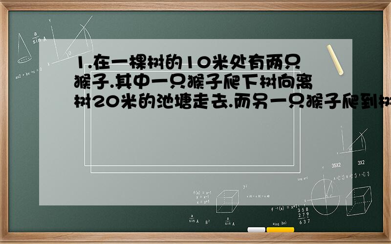 1.在一棵树的10米处有两只猴子.其中一只猴子爬下树向离树20米的池塘走去.而另一只猴子爬到树顶后直扑池塘,如果两只猴子经过的距离相等,问这一棵树有多高?2.已知A,B为常数.3x-5 A B______ ＝ _