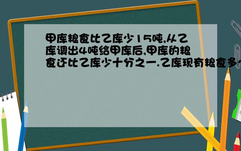 甲库粮食比乙库少15吨,从乙库调出4吨给甲库后,甲库的粮食还比乙库少十分之一.乙库现有粮食多少吨