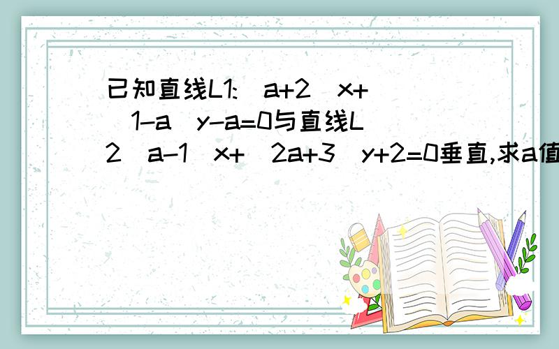 已知直线L1:(a+2)x+(1-a)y-a=0与直线L2（a-1）x+(2a+3)y+2=0垂直,求a值