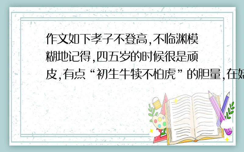 作文如下孝子不登高,不临渊模糊地记得,四五岁的时候很是顽皮,有点“初生牛犊不怕虎”的胆量,在姥姥家翻墙头,爬平房是常有的事.爸爸有一次看到我在院墙上立着,马上叫我下来,立正站好,