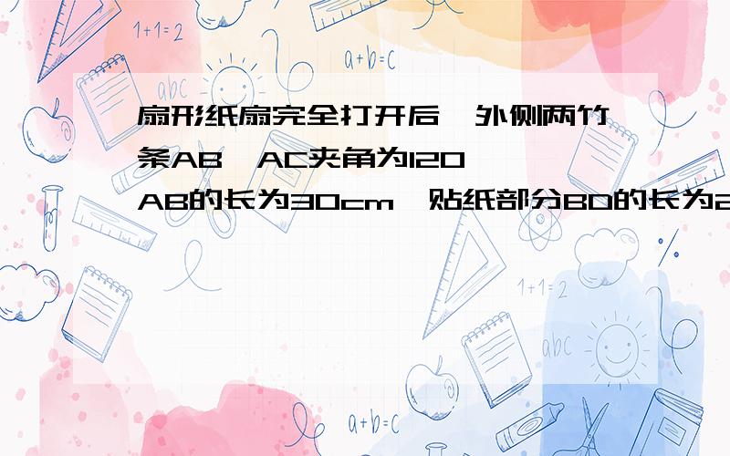 扇形纸扇完全打开后,外侧两竹条AB,AC夹角为120°,AB的长为30cm,贴纸部分BD的长为20cm,则贴纸部分的周