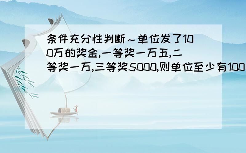 条件充分性判断～单位发了100万的奖金,一等奖一万五,二等奖一万,三等奖5000,则单位至少有100人.（1）得二等奖人数最多（2）得三等奖人数最多书后的答案我看不懂,为什么100+0.5（z-x）＞100,z