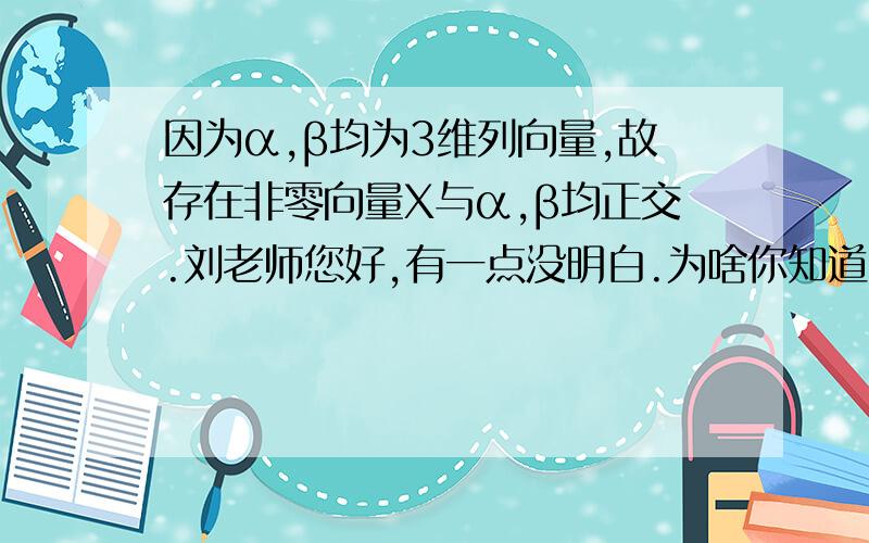 因为α,β均为3维列向量,故存在非零向量X与α,β均正交.刘老师您好,有一点没明白.为啥你知道充要条件是齐次方程有非零解,而不是非齐次方程的解的问题?