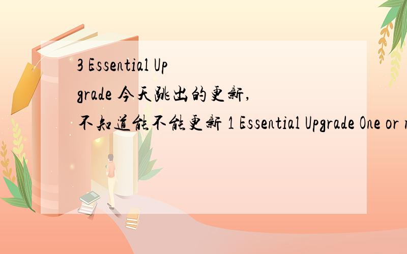 3 Essential Upgrade 今天跳出的更新,不知道能不能更新 1 Essential Upgrade One or more essential packages are currently out of date.if these upgrades are not performed you are likely to encounter errors.upgrade essential complete upgrade