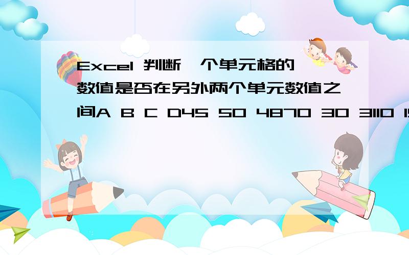 Excel 判断一个单元格的数值是否在另外两个单元数值之间A B C D45 50 4870 30 3110 15 99判断C列中的数值大小是否在A列B列数值大小之间的这个函数和公式怎么写啊?